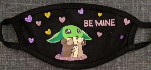 Picture of Valentines Day Baby Yoda face mask with filter pocket!  Customize text available!